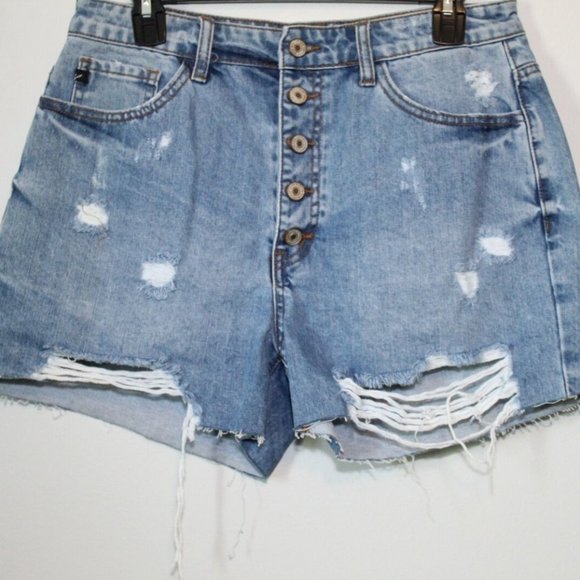 KanCan Button Fly Cut Off Jean Shorts Light Hi Rise Distressed Size Large H12810 - Picture 2 of 12